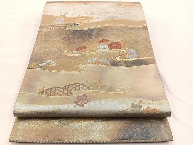 平和屋着物◎六通柄袋帯 みかげ錦 菊葉流水文 金銀糸 引箔 正絹 逸品 BAAX0879hv