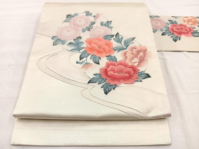平和屋着物◎九寸名古屋帯 駒刺繍 流水花丸文 金銀糸 正絹 逸品 BAAX0889hv