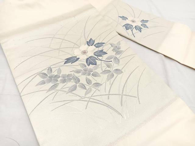 平和屋着物◎九寸名古屋帯 唐織 枝花文 銀糸 正絹 逸品 BAAX0891hv