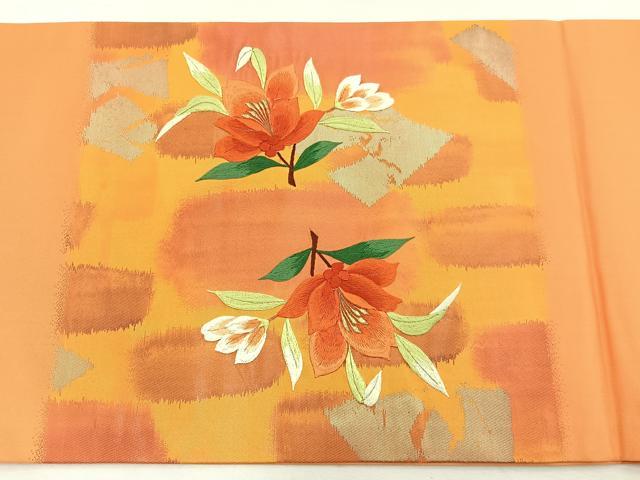 平和屋着物◎九寸開き名古屋帯 刺繍 枝花文 金糸 正絹 逸品 未使用 BAAX0906hv
