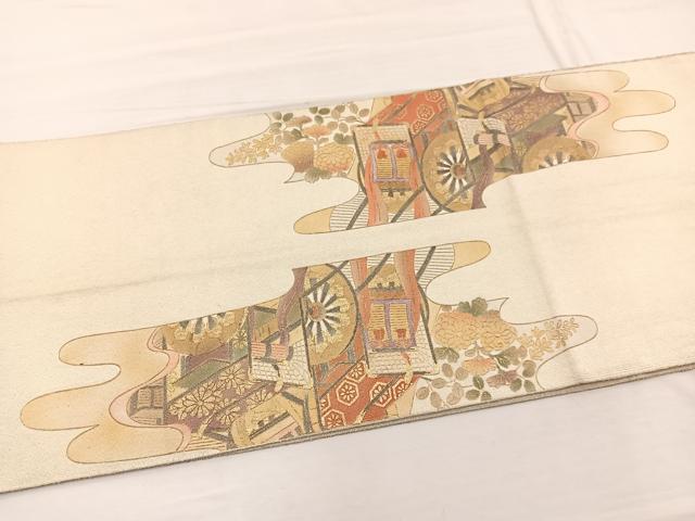 平和屋着物◎太鼓柄袋帯 綴れ 御所車花文 金彩 正絹 逸品 BAAX0915hv
