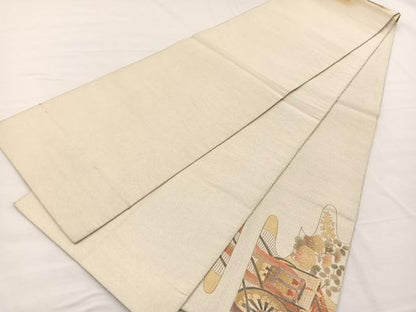 平和屋着物◎太鼓柄袋帯 綴れ 御所車花文 金彩 正絹 逸品 BAAX0915hv