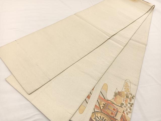 平和屋着物◎太鼓柄袋帯 綴れ 御所車花文 金彩 正絹 逸品 BAAX0915hv