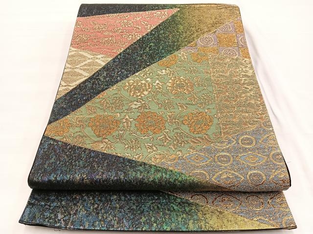 平和屋着物◎六通柄袋帯 ふくれ織 切嵌花唐草文 金糸 正絹 逸品 BAAX0919hv