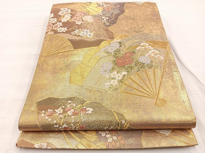 平和屋着物◎佐賀錦 六通柄袋帯 扇面花文 金糸 正絹 逸品 BAAX0922hv