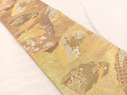 平和屋着物◎佐賀錦 六通柄袋帯 扇面花文 金糸 正絹 逸品 BAAX0922hv