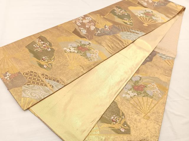 平和屋着物◎佐賀錦 六通柄袋帯 扇面花文 金糸 正絹 逸品 BAAX0922hv