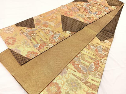 平和屋着物◎佐賀錦 六通柄袋帯 花蝶文 金糸 正絹 逸品 BAAX0950hv