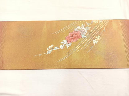 平和屋着物◎九寸名古屋帯 刺繍 草花文 金銀彩 正絹 逸品 BAAX0951hv