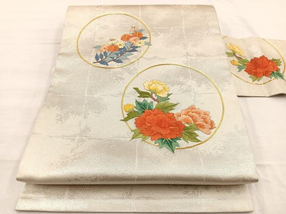 平和屋着物◎九寸名古屋帯　駒刺繍　花丸文　金糸　正絹　逸品　BAAX0955hv