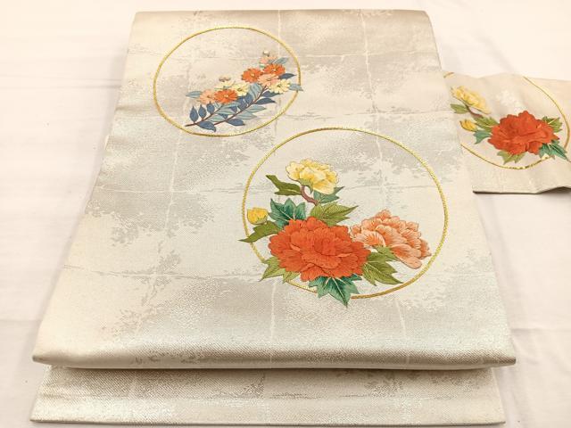 平和屋着物◎九寸名古屋帯　駒刺繍　花丸文　金糸　正絹　逸品　BAAX0955hv