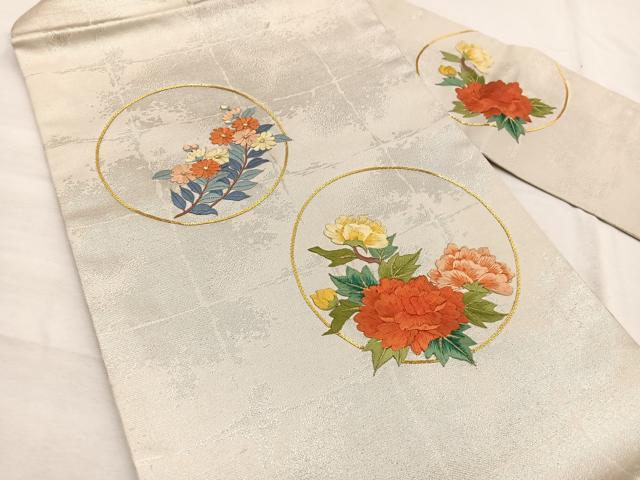 平和屋着物◎九寸名古屋帯　駒刺繍　花丸文　金糸　正絹　逸品　BAAX0955hv