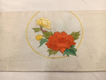 平和屋着物◎九寸名古屋帯　駒刺繍　花丸文　金糸　正絹　逸品　BAAX0955hv