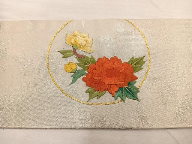 平和屋着物◎九寸名古屋帯　駒刺繍　花丸文　金糸　正絹　逸品　BAAX0955hv
