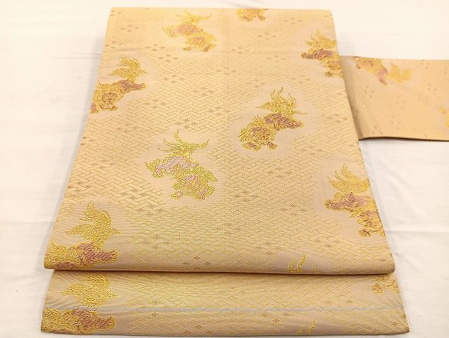 平和屋着物◎全通柄 九寸名古屋帯 獅子 金糸 正絹 逸品 BAAX0957hv