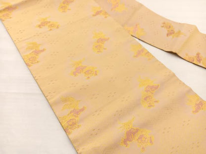 平和屋着物◎全通柄 九寸名古屋帯 獅子 金糸 正絹 逸品 BAAX0957hv