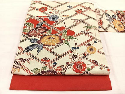 平和屋着物◎九寸名古屋帯 型染め 檜垣花文 鬼しぼ縮緬 正絹 逸品 BAAX0960hv