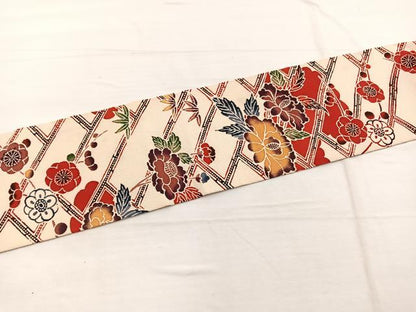 平和屋着物◎九寸名古屋帯 型染め 檜垣花文 鬼しぼ縮緬 正絹 逸品 BAAX0960hv
