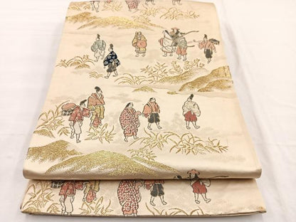 平和屋着物◎六通柄袋帯 唐織 人物風景文 金糸 正絹 逸品 BAAX0978hv