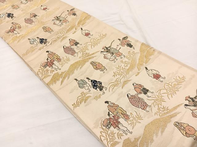 平和屋着物◎六通柄袋帯　唐織　人物風景文　金糸　正絹　逸品　AABI0992yx 平和屋着物◎六通柄袋帯 唐織 人物風景文 金銀糸 正絹 逸品 DABA9219qa
