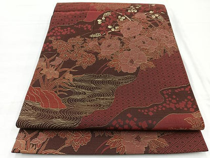 平和屋着物◎六通柄袋帯　流水牡丹花文　金糸　正絹　逸品　BAAX0979hv
