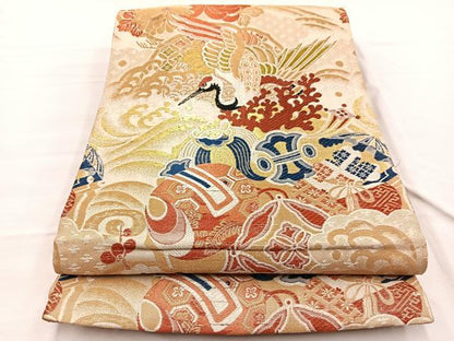 平和屋着物◎アンティーク 大正ロマン 丸帯 唐織 立波宝尽くし 金糸 正絹 逸品 BAAX0995hv