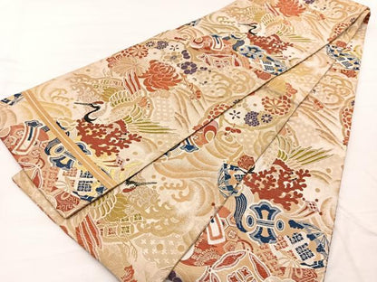 平和屋着物◎アンティーク 大正ロマン 丸帯 唐織 立波宝尽くし 金糸 正絹 逸品 BAAX0995hv