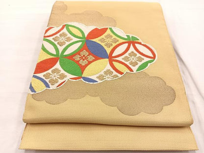 平和屋着物◎八寸名古屋帯 唐織 雲取り七宝文 金糸 正絹 逸品 未使用 BAAX0998hv