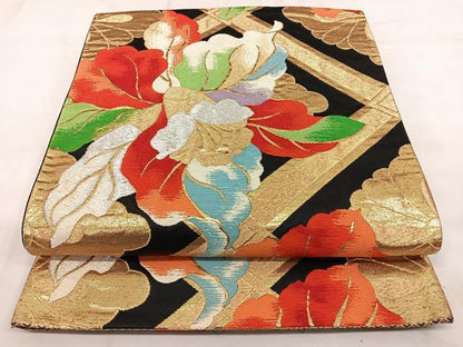 平和屋着物◎六通柄袋帯　唐織　花鳥丸文　金糸　正絹　逸品　BAAX1002qw