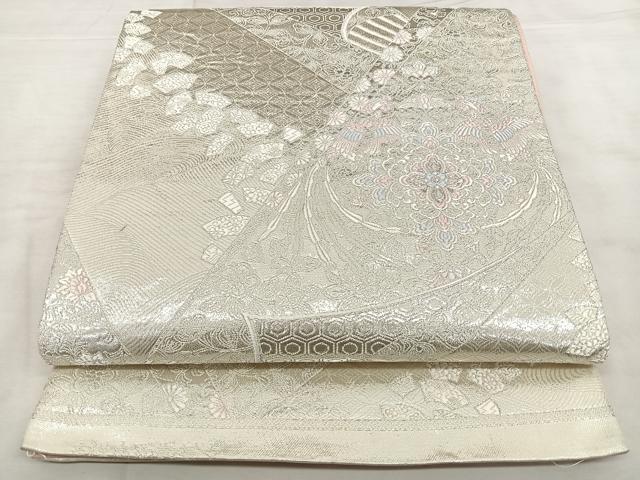 平和屋着物◎六通柄袋帯 吉祥扇面散華文 銀糸 正絹 逸品 BAAX1012qw