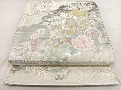 平和屋着物◎本佐賀錦　六通柄袋帯　御所車花鳥文　金銀糸　正絹　逸品　BAAX1017qw