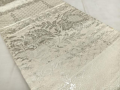 平和屋着物◎西陣　六通柄袋帯　更紗花文　銀糸　正絹　逸品　BAAX1026qw