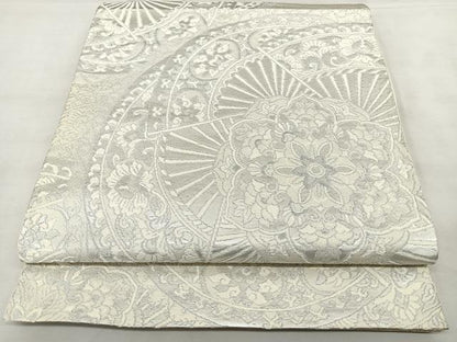 平和屋着物◎六通柄袋帯 唐織 扇面花文 銀糸 正絹 逸品 BAAX1037qw