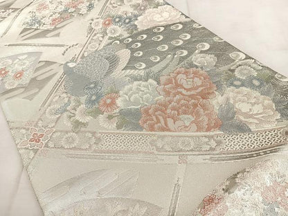 平和屋着物◎本佐賀錦　六通柄袋帯　天井花鳥文　プラチナ　正絹　逸品　BAAX1040qw
