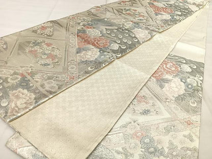平和屋着物◎本佐賀錦　六通柄袋帯　天井花鳥文　プラチナ　正絹　逸品　BAAX1040qw
