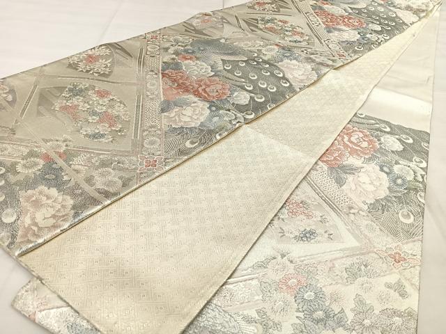 平和屋着物◎本佐賀錦　六通柄袋帯　天井花鳥文　プラチナ　正絹　逸品　BAAX1040qw