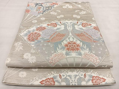 平和屋着物◎六通柄袋帯　唐織　扇面孔雀文　銀糸　正絹　逸品　BAAX1046qw