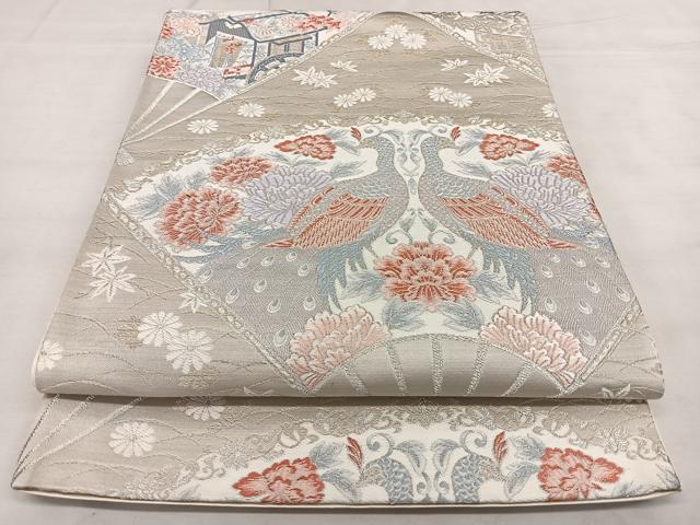 平和屋着物◎六通柄袋帯　唐織　扇面孔雀文　銀糸　正絹　逸品　BAAX1046qw