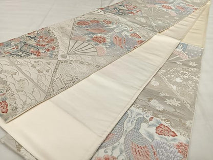 平和屋着物◎六通柄袋帯　唐織　扇面孔雀文　銀糸　正絹　逸品　BAAX1046qw
