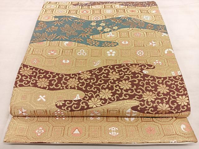 平和屋着物◎六通柄袋帯　霞草花文　金糸　正絹　逸品　BAAX1048qw