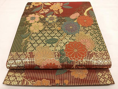 平和屋着物◎六通柄袋帯　草花文　金糸　正絹　逸品　BAAX1049qw