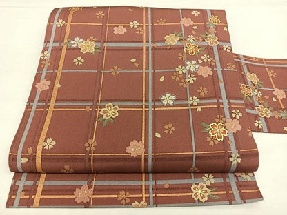 平和屋着物◎全通柄 九寸名古屋帯 格子花文 金糸 正絹 逸品 BAAX1074qw
