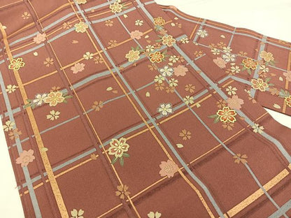 平和屋着物◎全通柄 九寸名古屋帯 格子花文 金糸 正絹 逸品 BAAX1074qw
