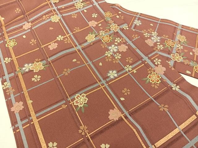 平和屋着物◎全通柄 九寸名古屋帯 格子花文 金糸 正絹 逸品 BAAX1074qw