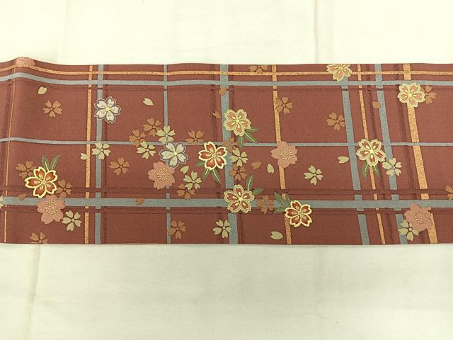 平和屋着物◎全通柄 九寸名古屋帯 格子花文 金糸 正絹 逸品 BAAX1074qw