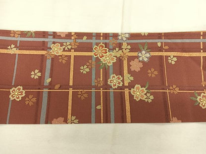 平和屋着物◎全通柄 九寸名古屋帯 格子花文 金糸 正絹 逸品 BAAX1074qw