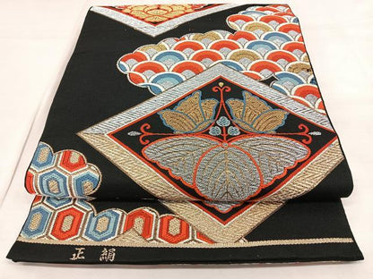 平和屋着物◎六通柄袋帯 唐織 雲取り菱花文 黒地 金銀糸 正絹 逸品 BAAX1082qw