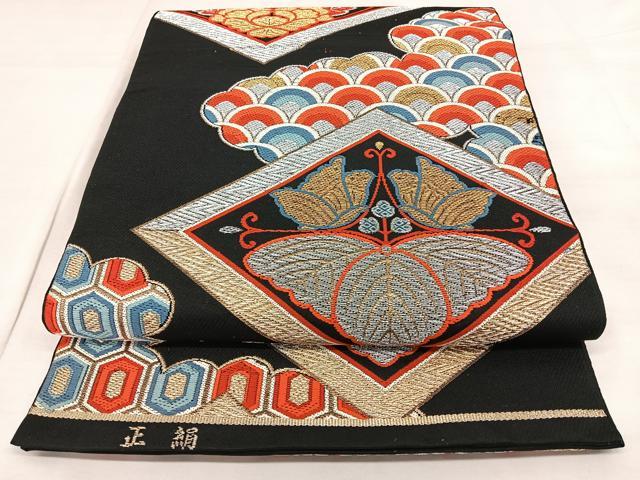 平和屋着物◎六通柄袋帯 唐織 雲取り菱花文 黒地 金銀糸 正絹 逸品 BAAX1082qw