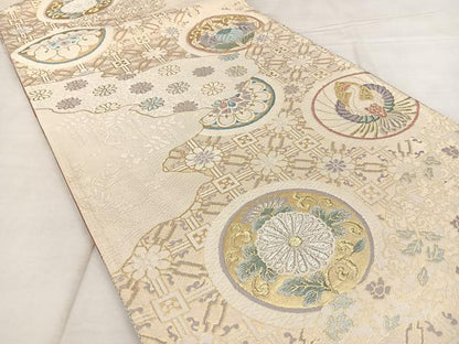 平和屋着物◎両面　六通柄袋帯　唐織　花鳥丸文　金銀糸　正絹　逸品　BAAX1093qw