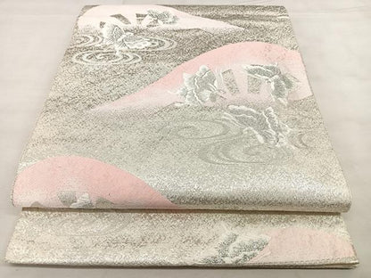 平和屋着物◎六通柄袋帯　唐織　片輪車舞蝶文　銀糸　正絹　逸品　BAAX1112qw